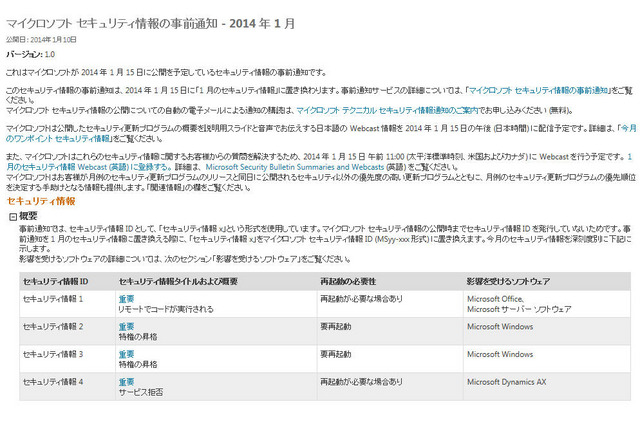 「重要」のみ4件……1月セキュリティ情報事前 日本マイクロソフト 画像
