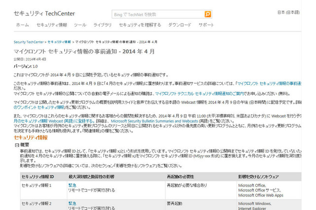 「緊急」2件を含む4件……4月セキュリティ情報事前 日本マイクロソフト 画像