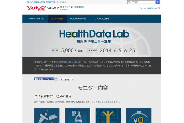ヤフー「HealthData Lab」、ゲノム解析サービスの無料体験モニター5,000名を先行募集 画像