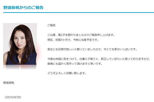 野波麻帆、第2子妊娠5ヵ月 「とても幸せいっぱい」 画像