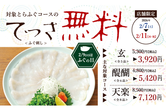とらふぐ専門店「玄品」、ふぐ刺し1皿分“1,380円”割引！7日から年に一度の大バーゲン開催 画像