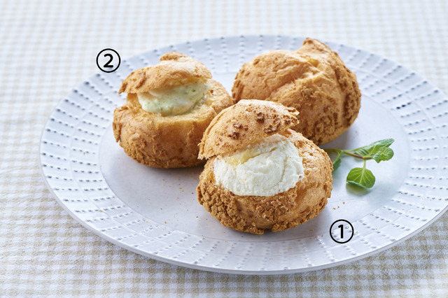 かみのやまシュー（(1)ラフランス、(2)ずんだ）　各486円（税込）