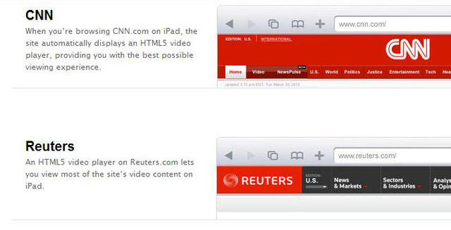 CNNやReutersといった代表的なニュースサイトの例。「HTML5 video」の部分を強調する