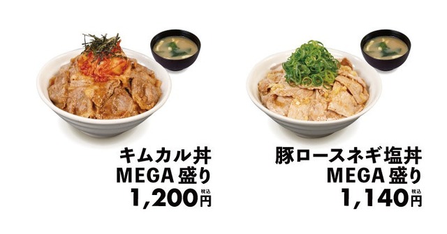 キムカル丼MEGA盛りと豚ロースネギ塩丼MEGA盛り
