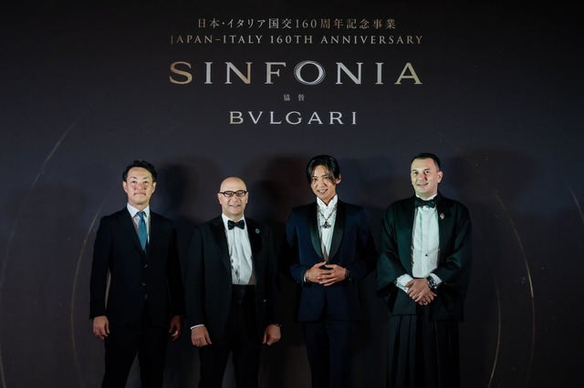 左より）大阪市長 横山英幸、マリオ・アンドレア・ヴァッターニ駐日イタリア大使、ブルガリ アンバサダー 目黒蓮、ブルガリ・ジャパン社長 デニス・コアン