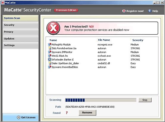 MaCatteのセキュリティセンター画面