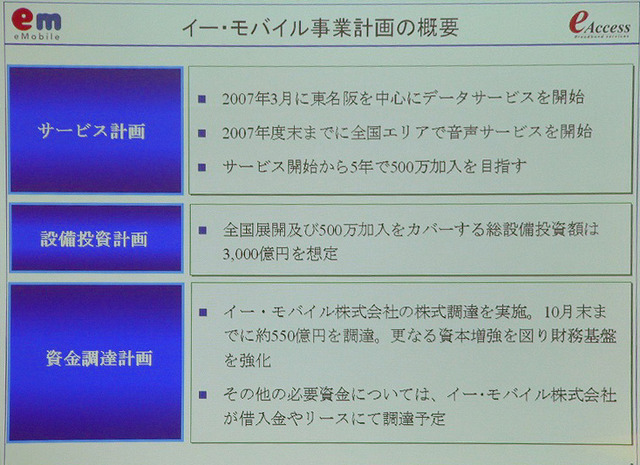 イー・モバイル事業計画の概要。1年半後には東名阪でのデータ通信サービスが始まる予定だ