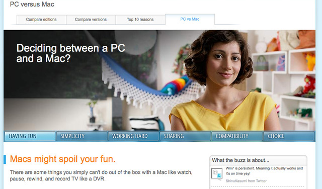 米マイクロソフト、「PC対Mac」の比較ページをオープン