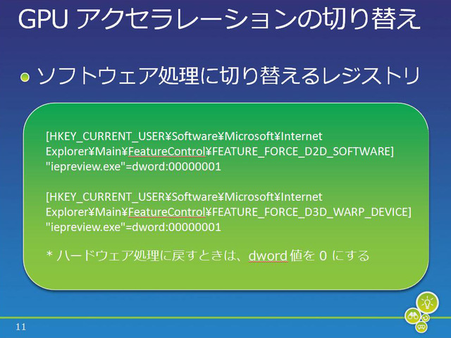 配布資料のAppendixに記載された、GPUアクセラレーションを無効にするレジストリ情報
