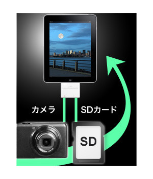 デジカメやSDカードとiPadの接続イメージ（デジカメ/SDカード/iPadは別売）