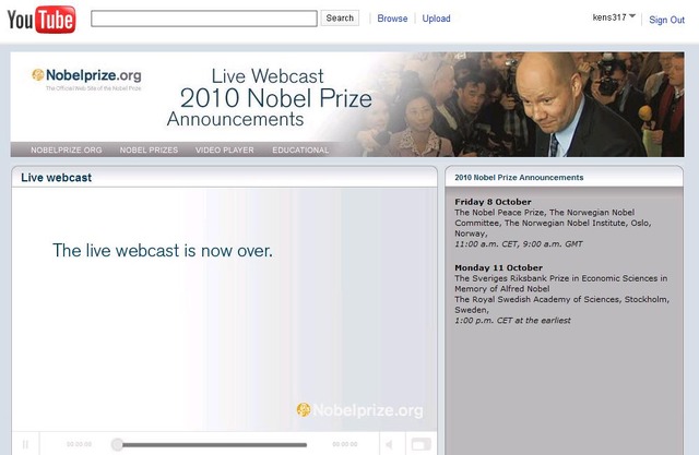 YouTubeの「2010Nobel　Prize　Annoucements」ページでライブ中継される。過去の受賞者インタビュー動画も公開されている