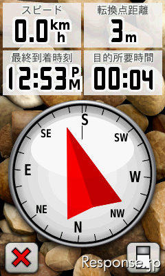 歩きながらでも方角を確認できるコンパス機能。上に表示させるデータはカスタマイズ可能だ。 GARMIN Oregon450TC