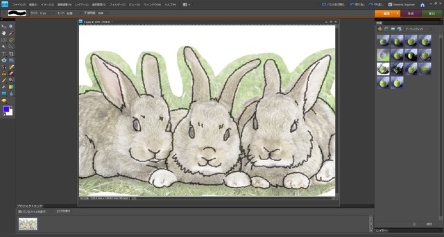 ウサギの絵は、鉛筆ツールで、上から輪郭をなぞるだけで描くことができる