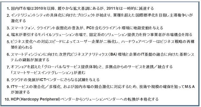 IDC Japanによる、2011年国内IT市場に関する主要10項目