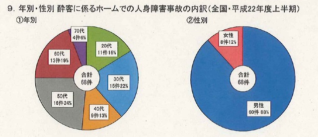 年代別、性別に係るホームでの人身障害事故の内訳