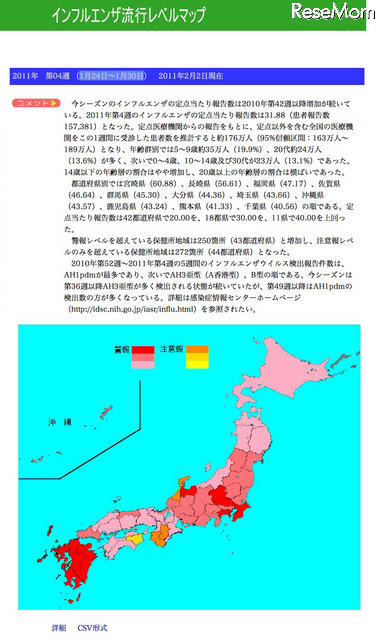 インフルエンザ推計患者数27万人増、閉鎖件数も1,840増加 インフルエンザ流行レベルマップ（2011第4週）