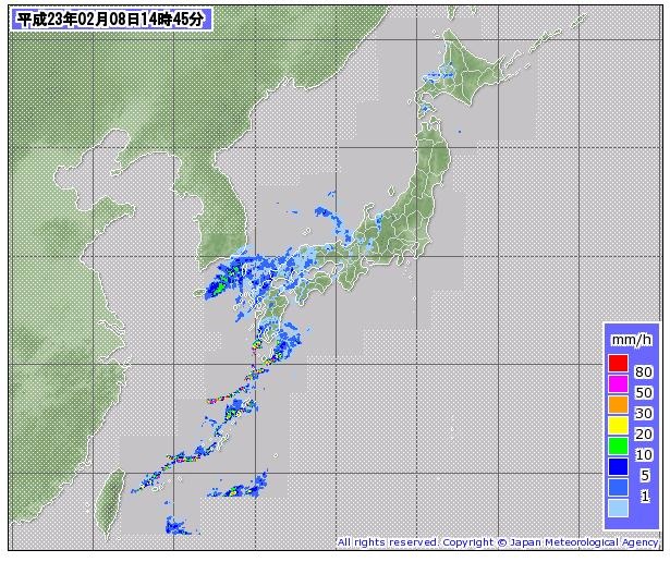 気象庁サイトの降雨情報。西から天気が下り坂で、夜半には関東でも雪の予報