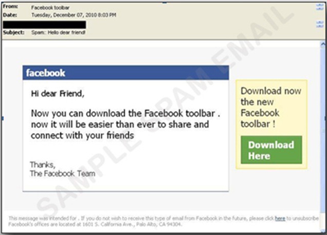 図7：Facebook Toolbarのダウンロードを促すスパムメール 