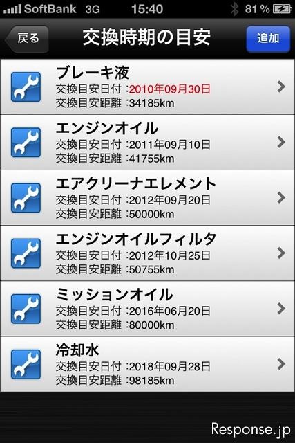 ホンダ・インターナビ・リンク iPhone向けアプリケーション画面イメージ。メインテナンス記録