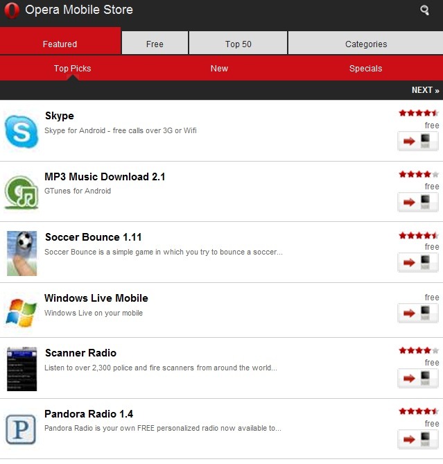 「Opera Mobile Store」のトップページ