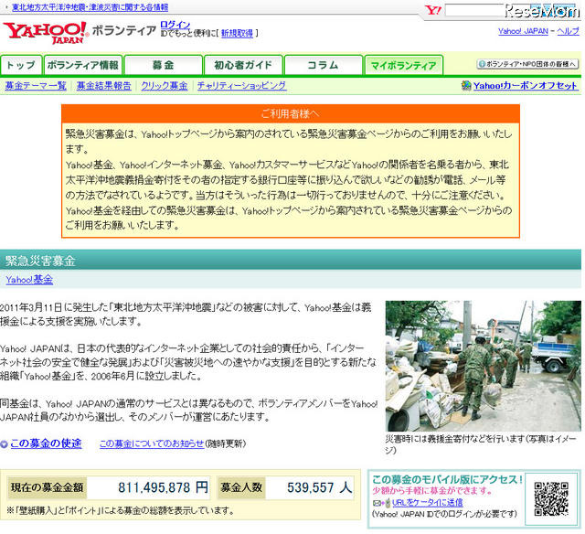 【地震】Yahoo!基金、4日間で総額7億8,000万円超 Yahoo!基金（2010年3月15日13時40分）