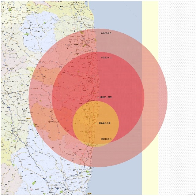 福島原発からの避難範囲地図（PC版、18日12時現在）