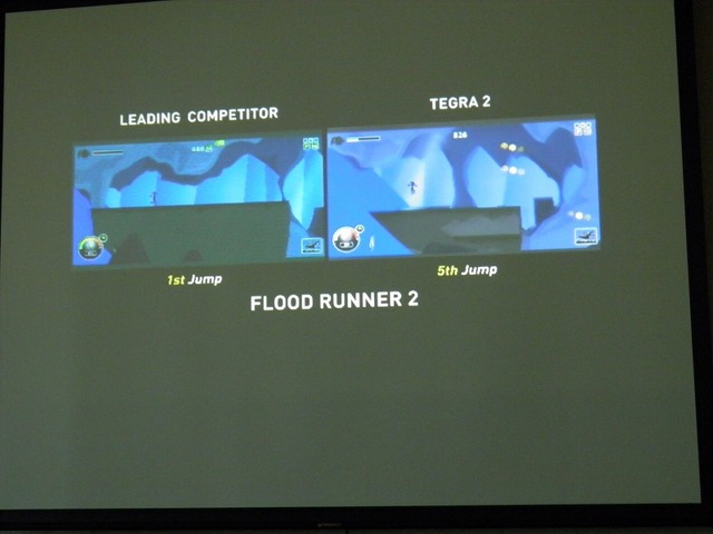 ゲーム「FLOOD RUNNER 2」によるFlash再生時の性能比較。同じAndroid 2.2で、他社製チップ（左）が最初のジャンプを再生している時、すでにTegra 2は5回目のジャンプを再生している