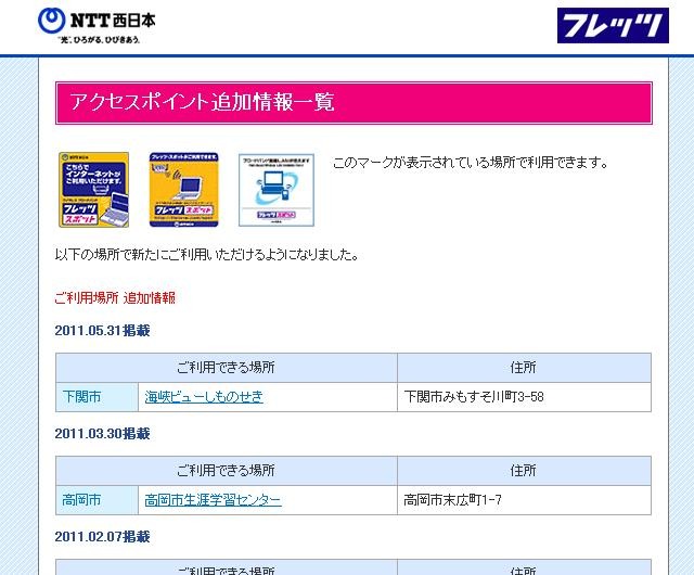 NTT西日本 フレッツ・スポット アクセスポイント追加情報一覧