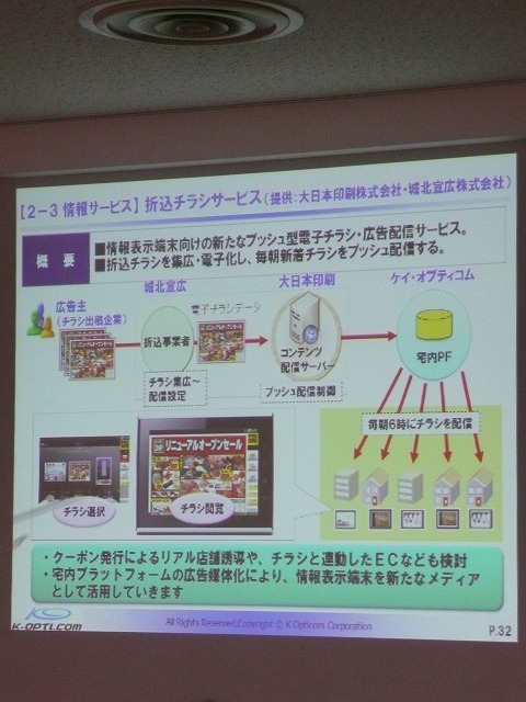 情報サービス系の「折り込みチラシサービス」のイメージ。提供は第日本印刷と城北宣伝。プッシュ方の公告配信サービス。クーポンの発行もあり