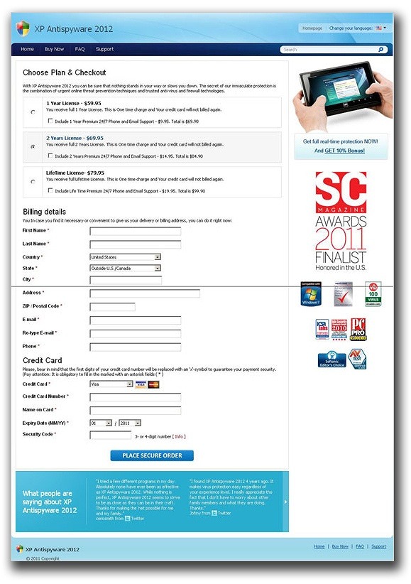偽セキュリティソフト「XP Antispyware 2012」の代金請求先を記入させるフォーム