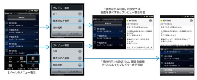 eメールの受信トレイでは、本文のプレビュー機能が追加