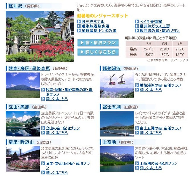 軽井沢など中部地方の避暑地スポット。宿泊プランやグルメ情報も紹介している