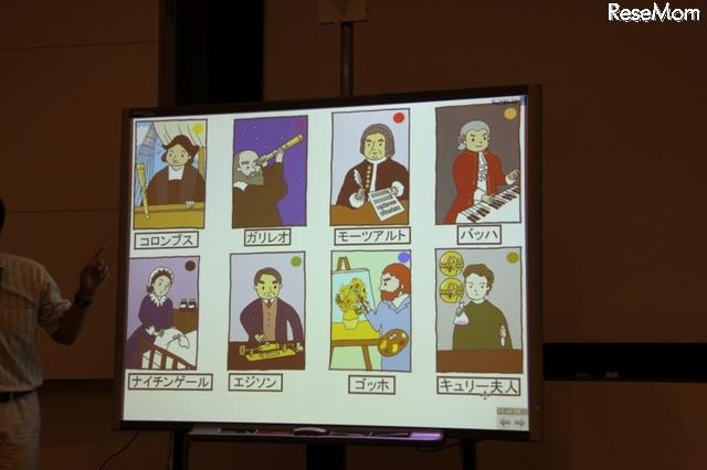 【EDIX】電子黒板による実践的英語授業…暁星小学校 イラストと名前を一致させる教材。偉人のプロフィールを説明する音声をヒントにする