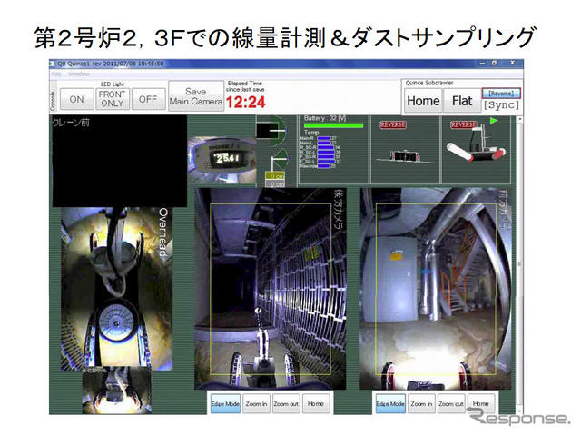 公開されている2号機原子炉建屋の2階と3階での線量計測とダストサンプルの動画の一場面。Quince以外では、1階以外のフロアへ階段を使って移動することはまず不可能。田所氏のプレゼン資料より