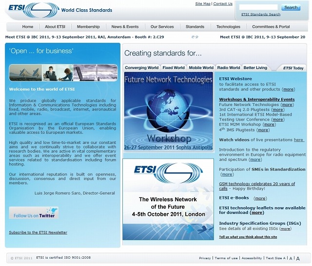 「欧州電気通信標準化機構」（ETSI）サイト