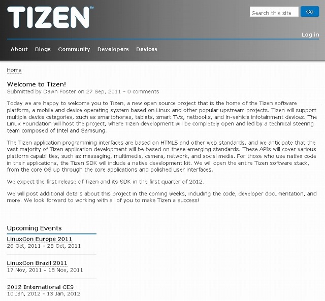 「Tizen（タイゼン）」プロジェクトサイト（画像）