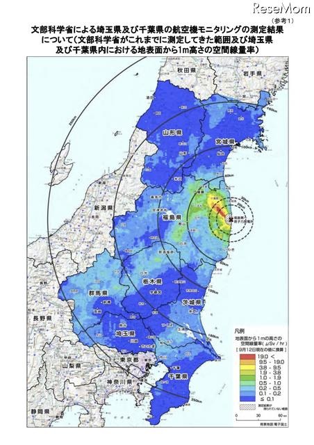 文部科学省がこれまでに測定してきた範囲及び埼玉県及び千葉県内における地表面から1m高さの空間線量率