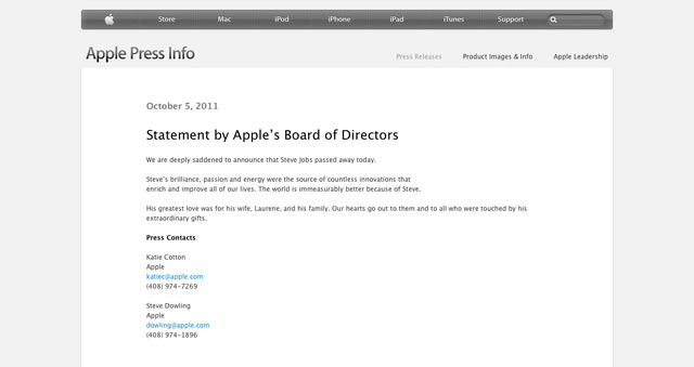 アップル取締役会の声明文……スティーブ・ジョブズ死去を受けて