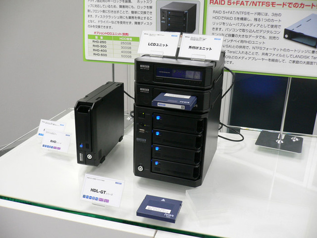 　アイ・オー・データは本日、RAID 0/0＋1/5に対応し、ギガビットイーサネットを搭載したテラバイト容量のLAN接続型ハードディスク「LANDISK Tera（HDL-GTシリーズ）」を発表した。容量は1Tバイトと2Tバイトの2モデル。