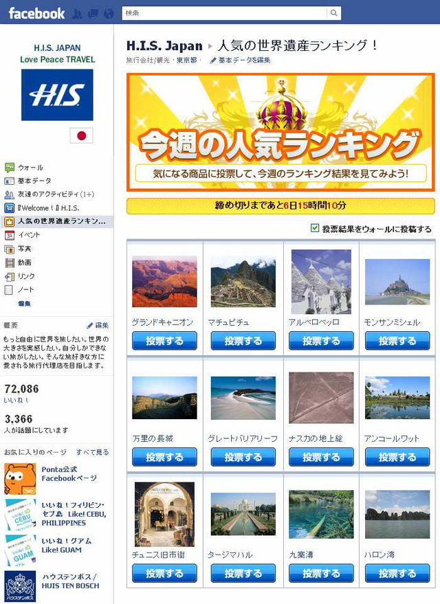 「Facebookランキングアプリ」利用例（HIS）