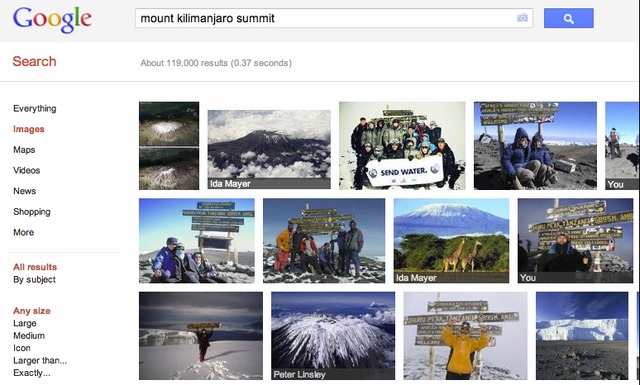 「mount kilimanjaro summit」の検索結果。一部の画像に、評価者の名前が表示されている