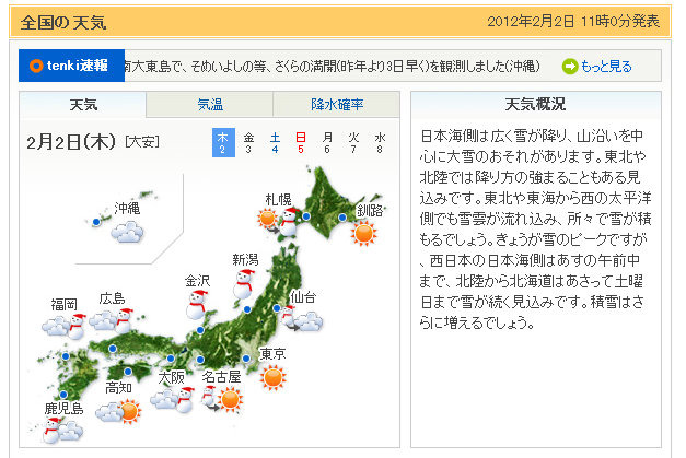 2月2日11時時点の天気予報