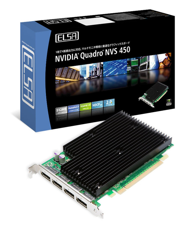 4画面マルチディスプレイをサポートした「NVIDIA Quadro NVS 450 512MB PCI Express×16」のパッケージと本体