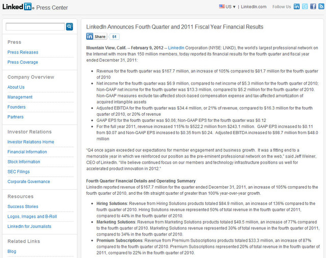 決算を発表したLinkedInのプレスリリース