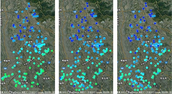 左から2011年6月下旬、2011年10月下旬、2012年2月上旬の茨城県つくば市近郊の線量