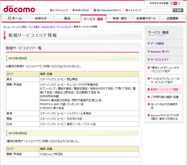 docomo Wi-Fi 新規サービスエリア情報