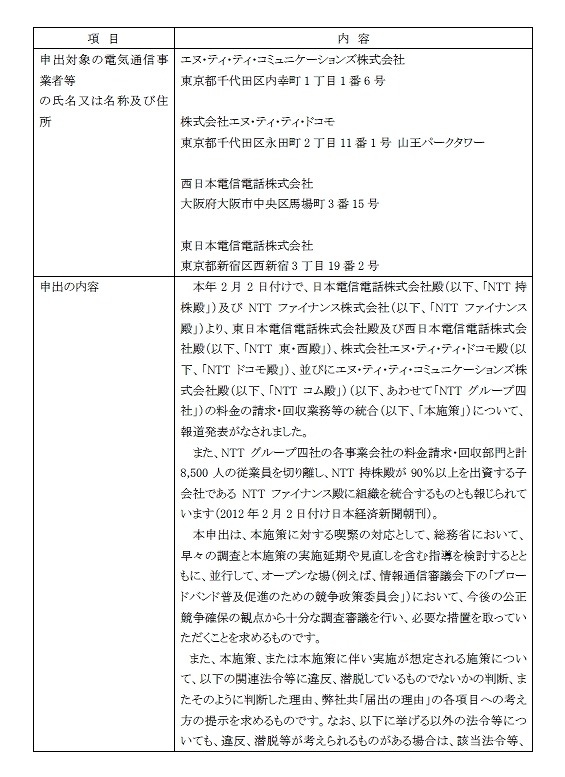 「意見申出書」の内容（抜粋）