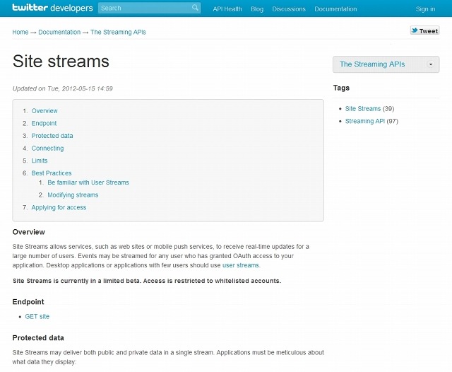Twitter社のSite Streams API解説ページ