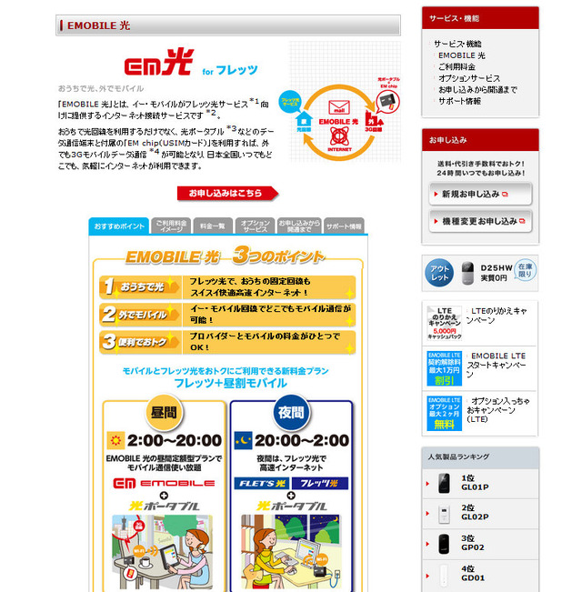 「EMOBILE 光」のサービスページ